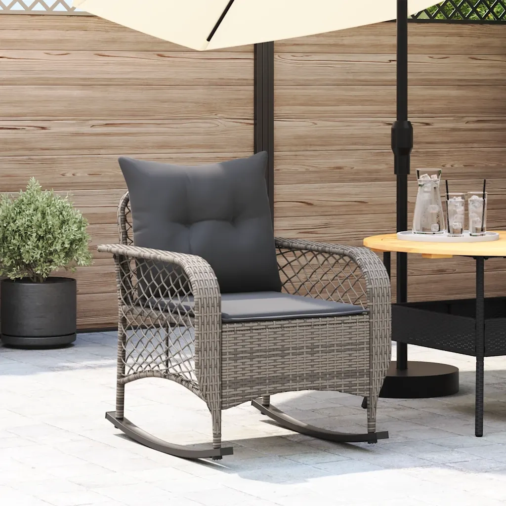 Sedia a Dondolo da Giardino | Sedie da Esterno con Cuscini in Polyrattan Grigio
