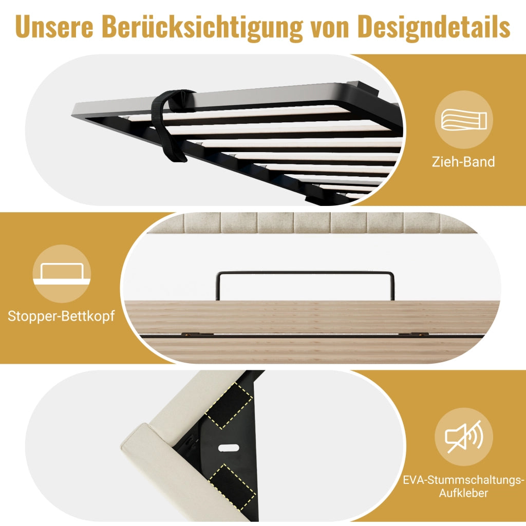 LETTO Contenitore 140x200 cm Beige in lino e legno con LED