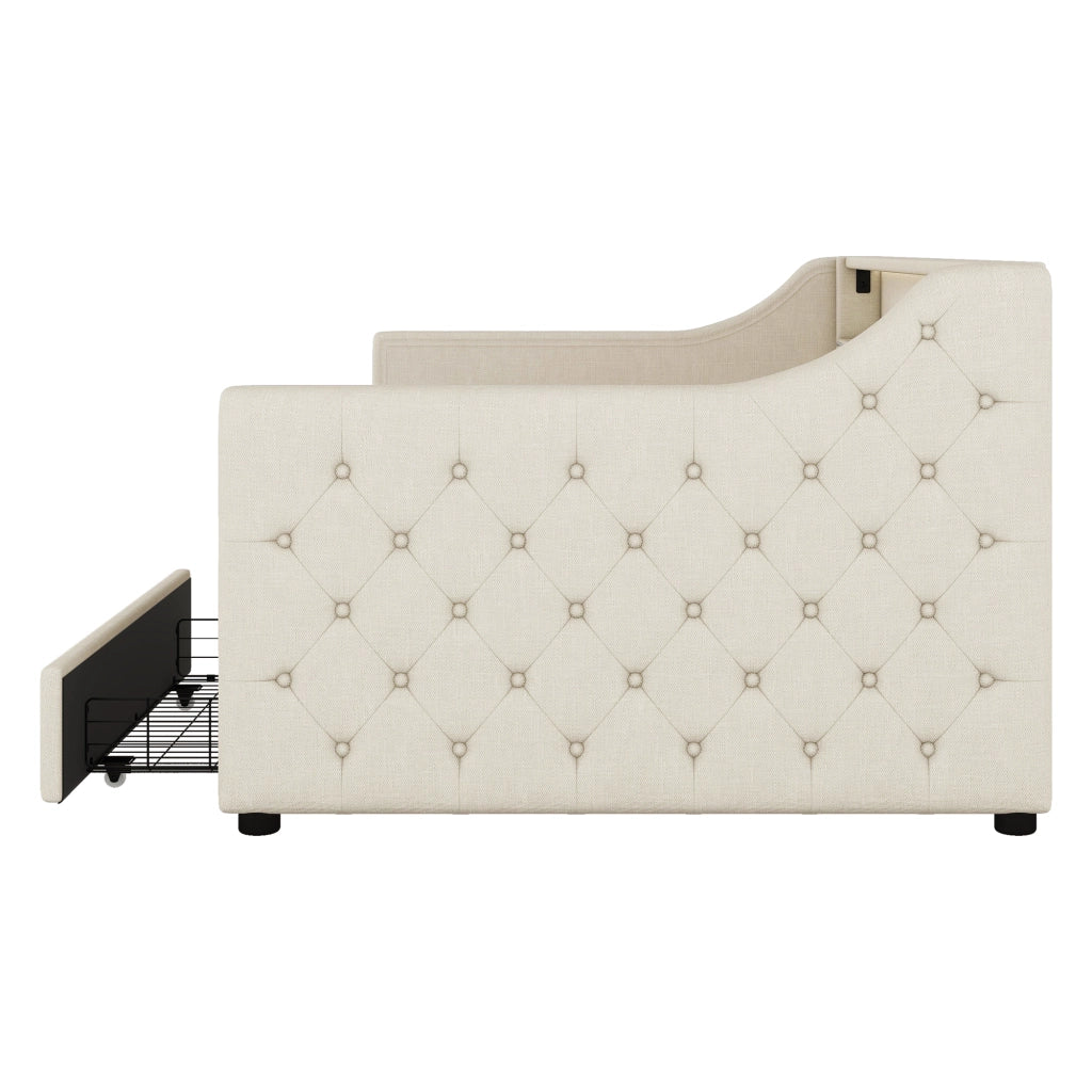 Letto con cassetti 90 × 200 cm con rete a doghe LED USB in lino e MDF beige