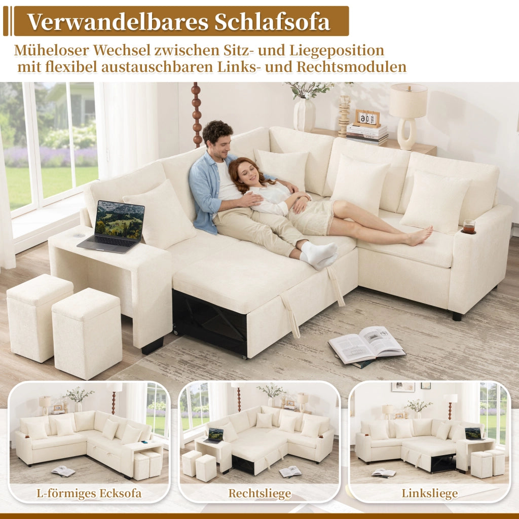 Divano angolare convertibile con vano contenitore; USB e USB-C; 4 cuscini; chenille beige