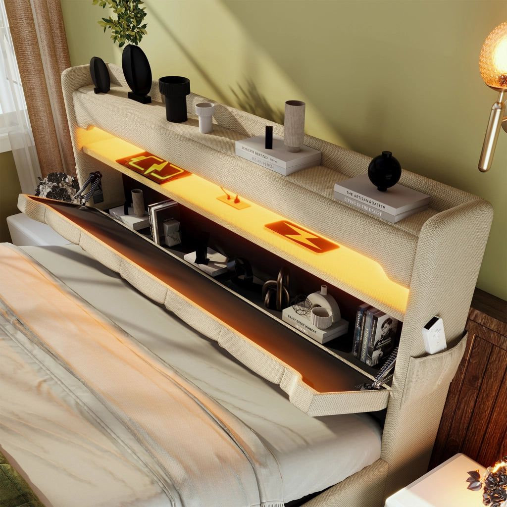 Letto Contenitore Imbottito Matrimoniale con LED e USB ¨C MINIMAL ¨C Beige 140x190