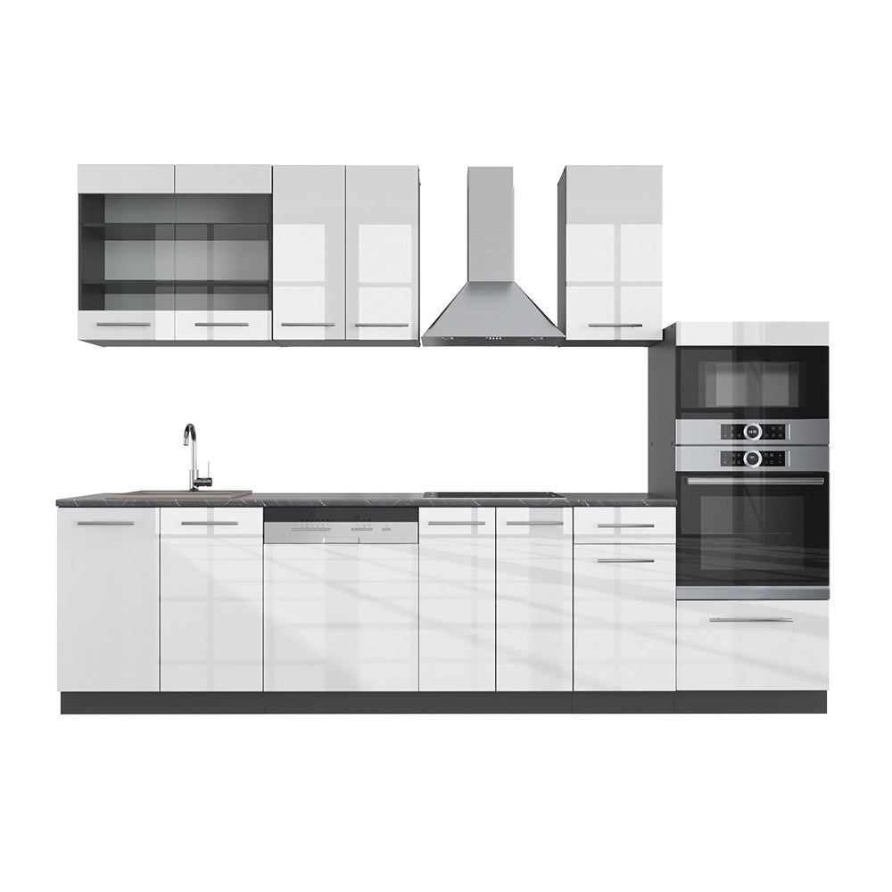 Cucina componibile Fame-Line Bianco lucido/Antracite 300 cm con armadio alto, senza piano di lavoro Vicco