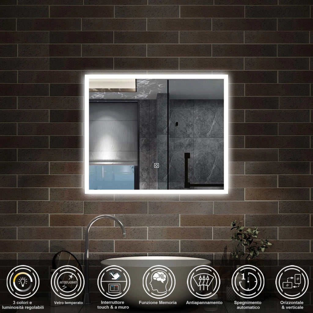 specchio rettangolare 60x50 cm con luce led, antiappannamento e touch
