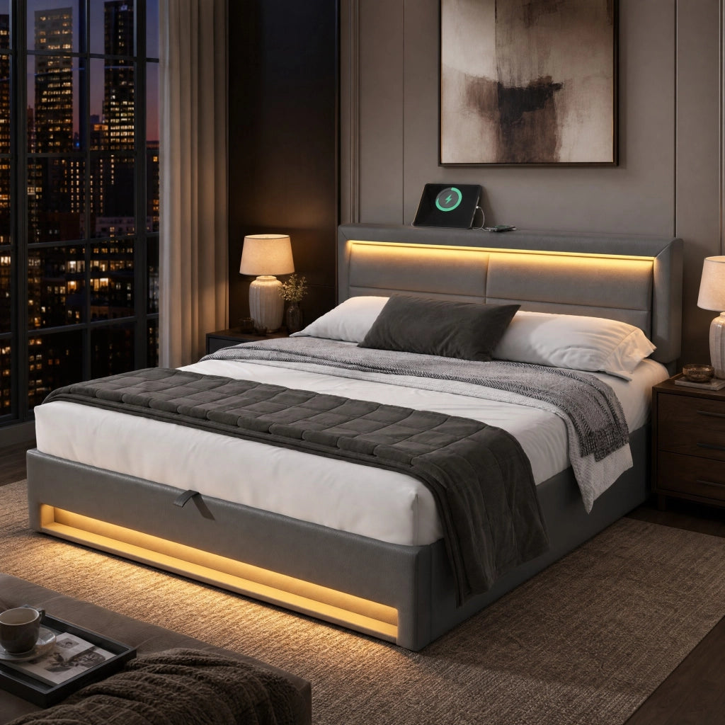 LETTO imbottito multifunzionale 140x190 cm PU grigio con USB, LED e contenitore