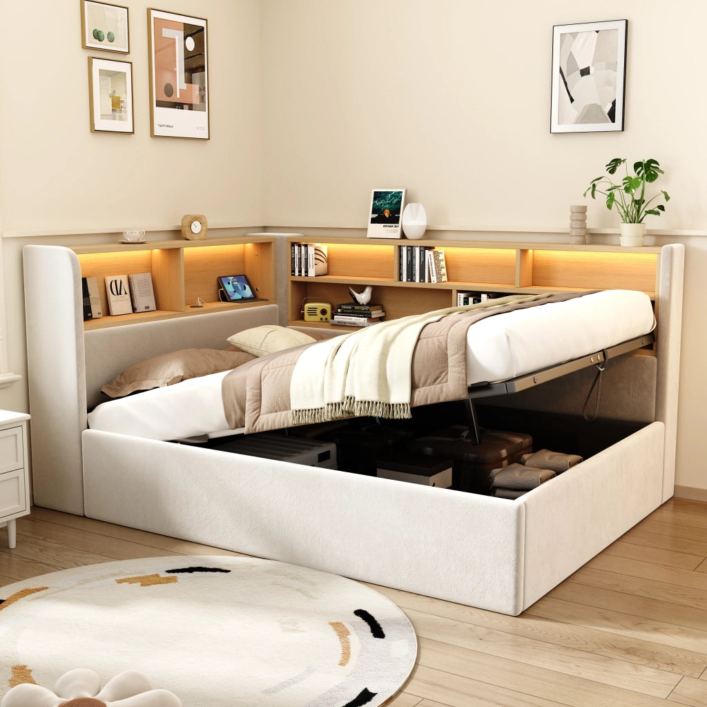 LETTO 90x200 cm con contenitore idraulico in velluto beige, LED, USB e USB-C