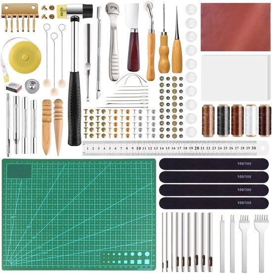 Set di accessori per la lavorazione del cuoio 58 pezzi - Set di accessori per la lavorazione del cuoio - Manutenzione a mano - Assemblaggio a mano - Incluso filo e accessori - Set di accessori pratico per i fai da te - Set di lavorazione del cuoio