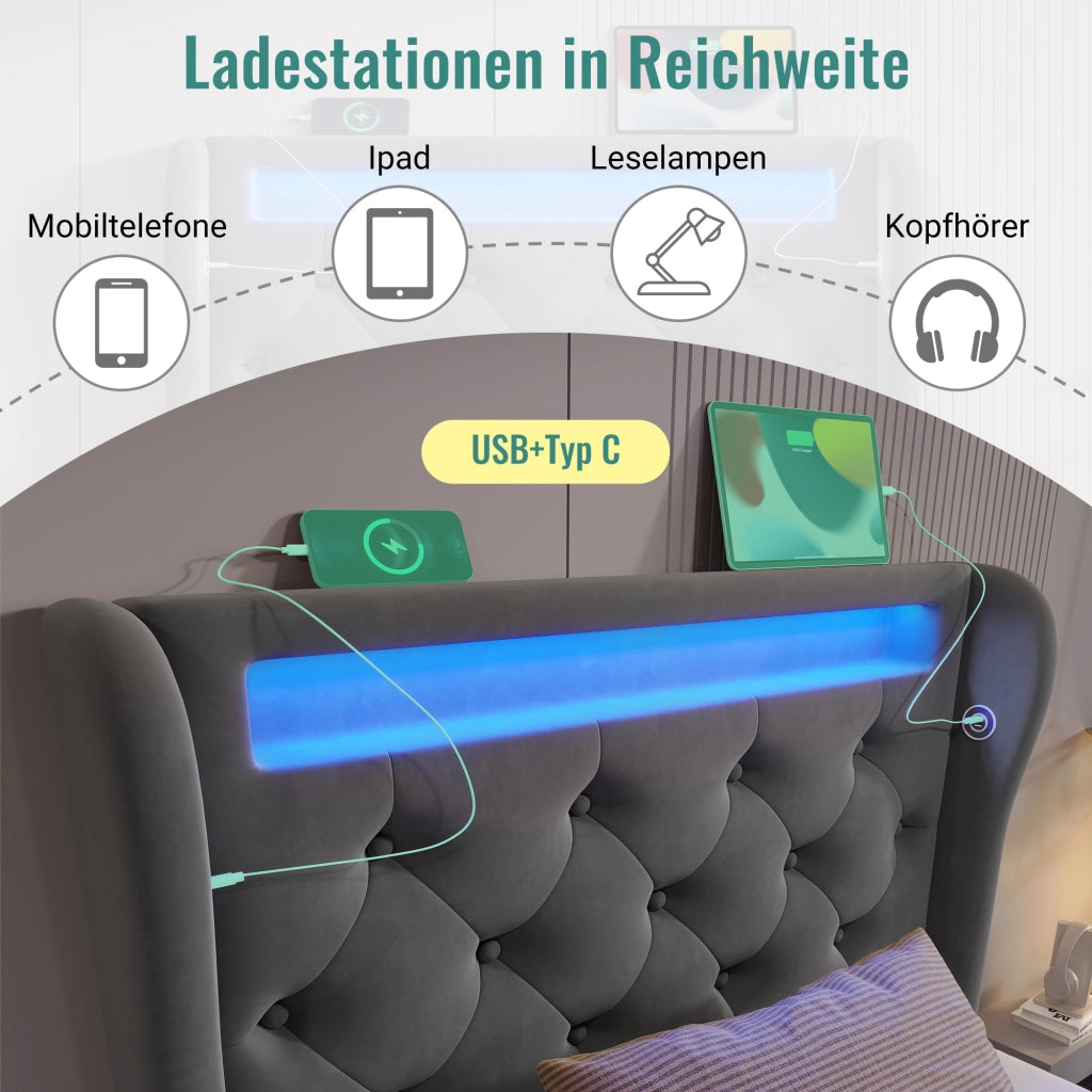 LETTO imbottito contenitore 90x200 cm velluto grigio con LED e USB + Type-C