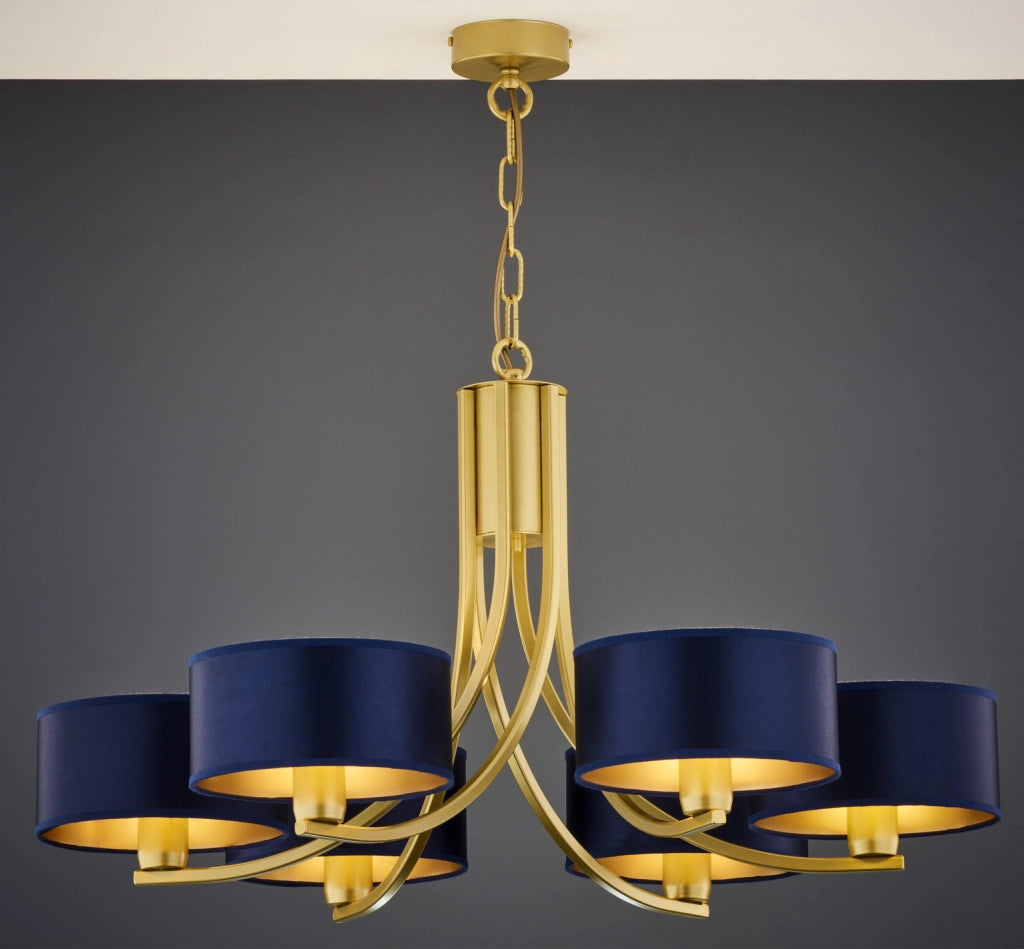 Lampadario oro a catena ARTHUR 6xE27 paralumi blu