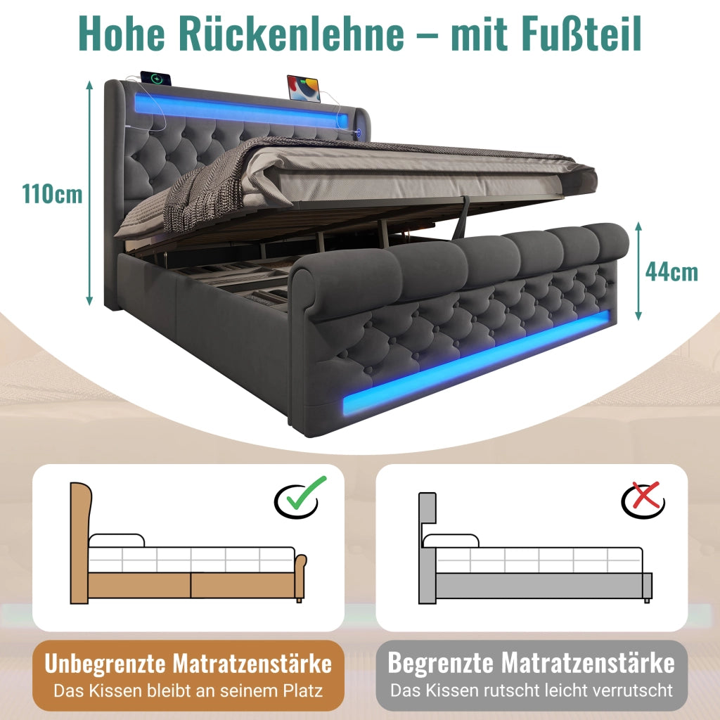 LETTO imbottito 140x190 cm in velluto grigio con LED, USB e Type C