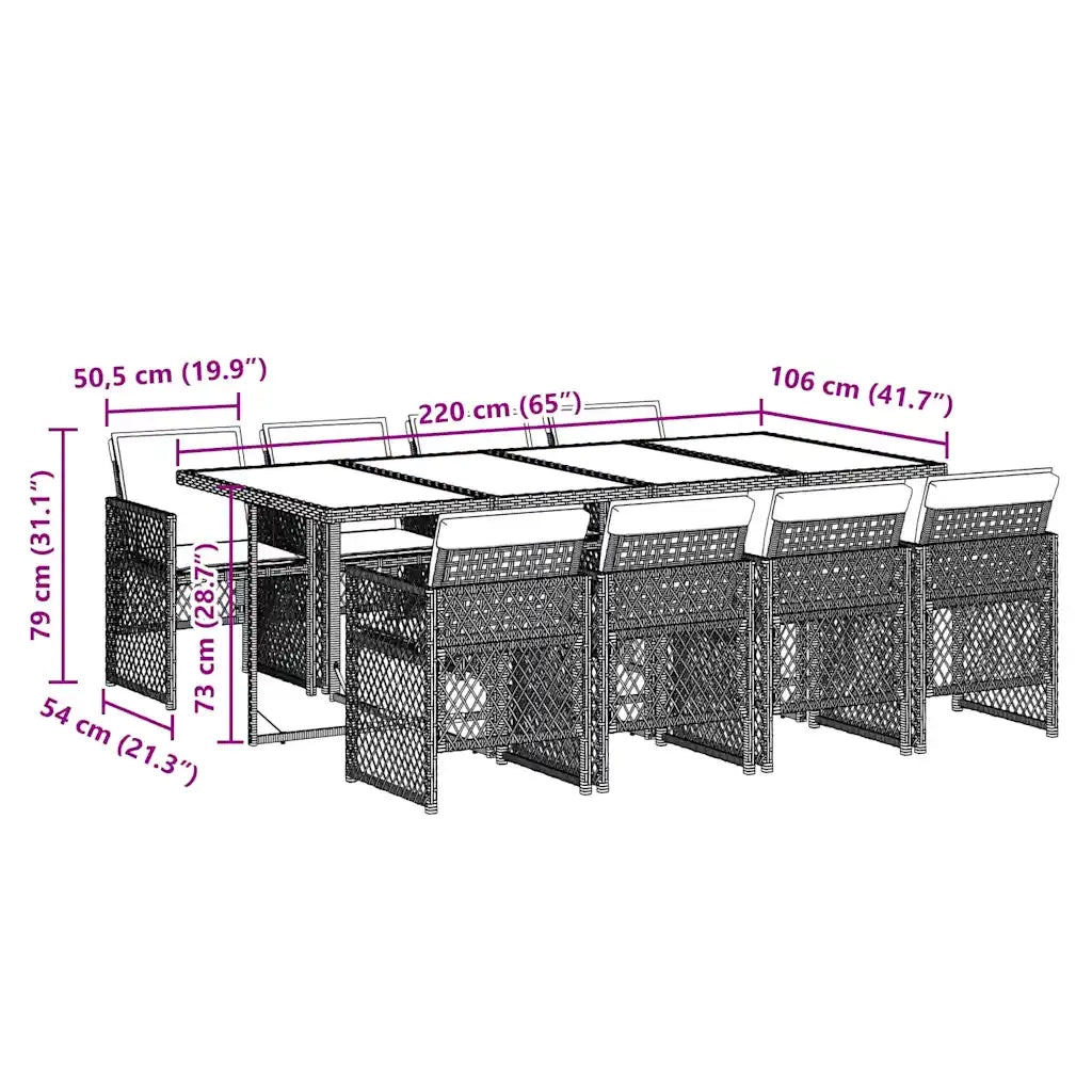 Set da Pranzo da Giardino 9 pz con Cuscini Nero in Polyrattan 3210738