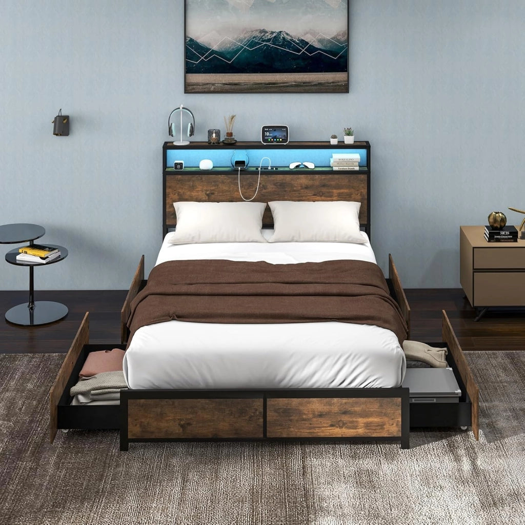 Letto con 4 Cassetti e Testiera, Struttura Letto 200x140 cm con Luci LED Regolabile e Presa Multipla, Carico Massimo 300kg, Silenzioso (200x140 cm)