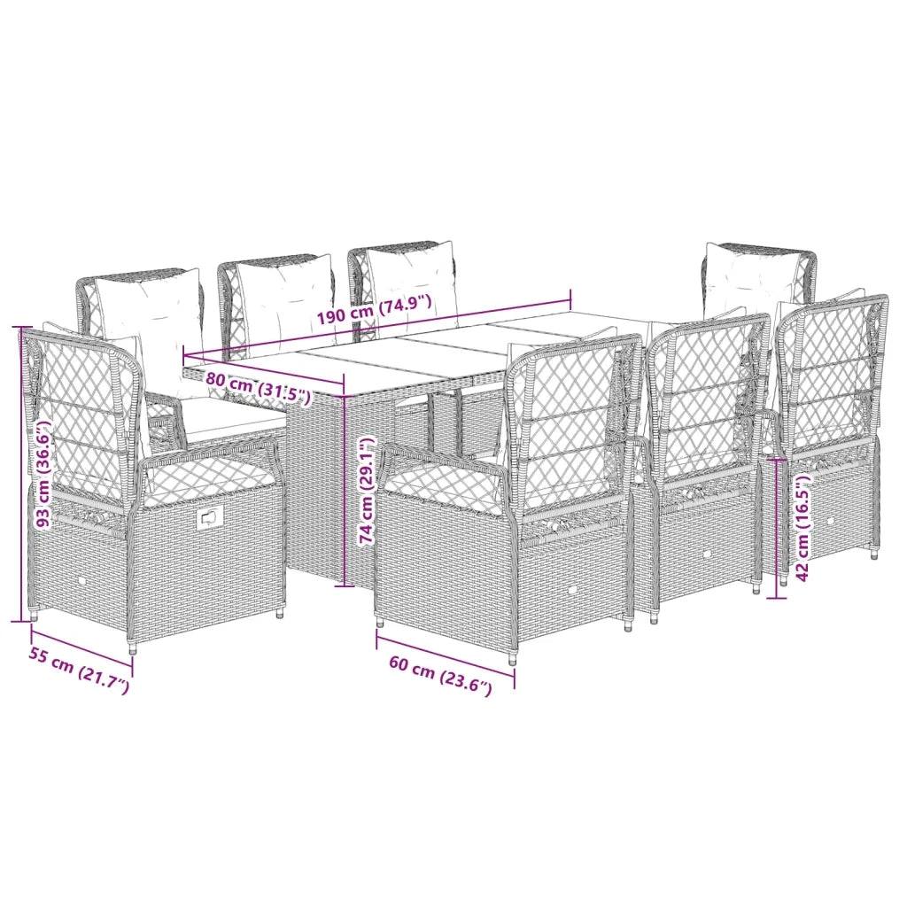 Set da Pranzo da Giardino 9 pz con Cuscini in Polyrattan Grigio 3262931