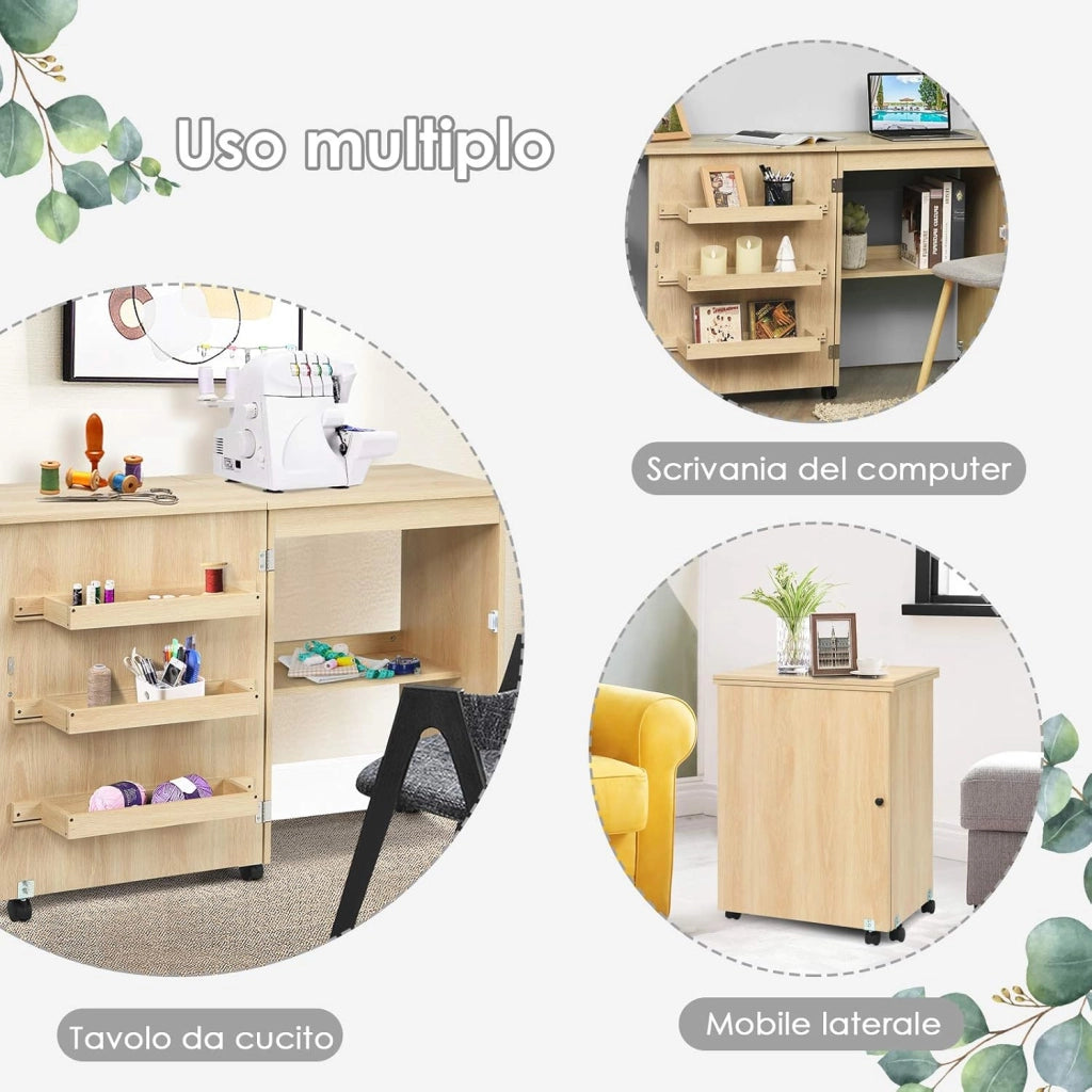 Mobile per Macchina da Cucire Pieghevole, Tavolo da Cucito con Ruote Bloccabili e Ripiani Portaoggetti, Tavolo per Macchina da Cucire Multiuso da Studio e Salotto (Legno Chiaro)