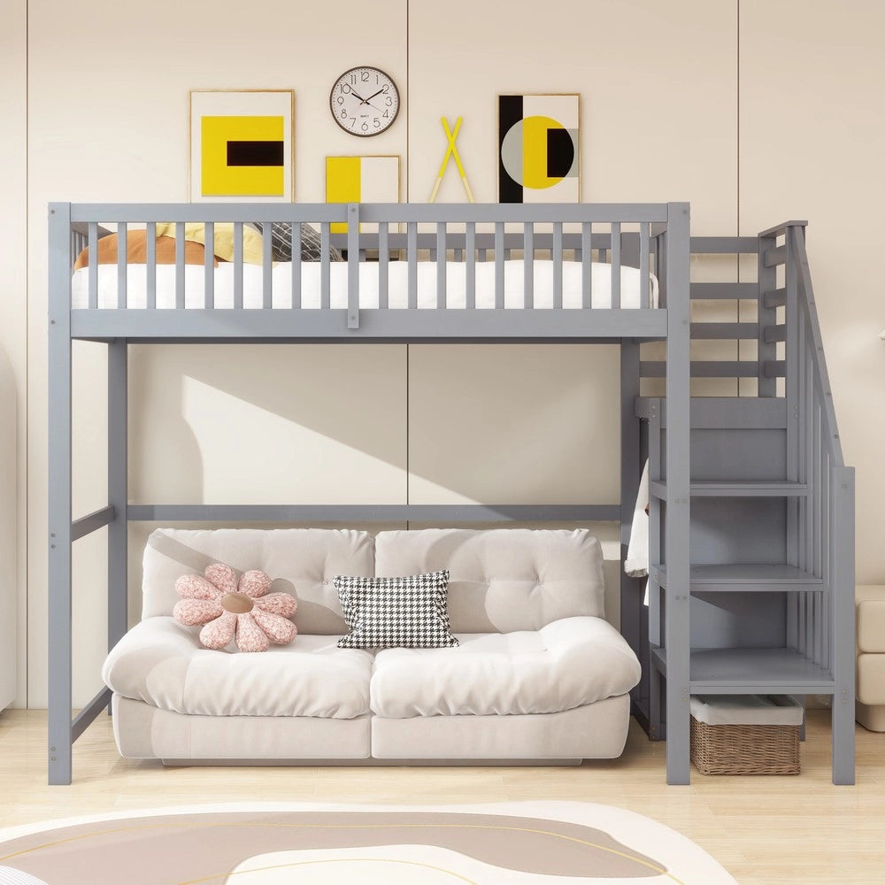Letto a Soppalco con Scala e Armadio ¨C MINIMAL ¨C Legno Grigio 90x200