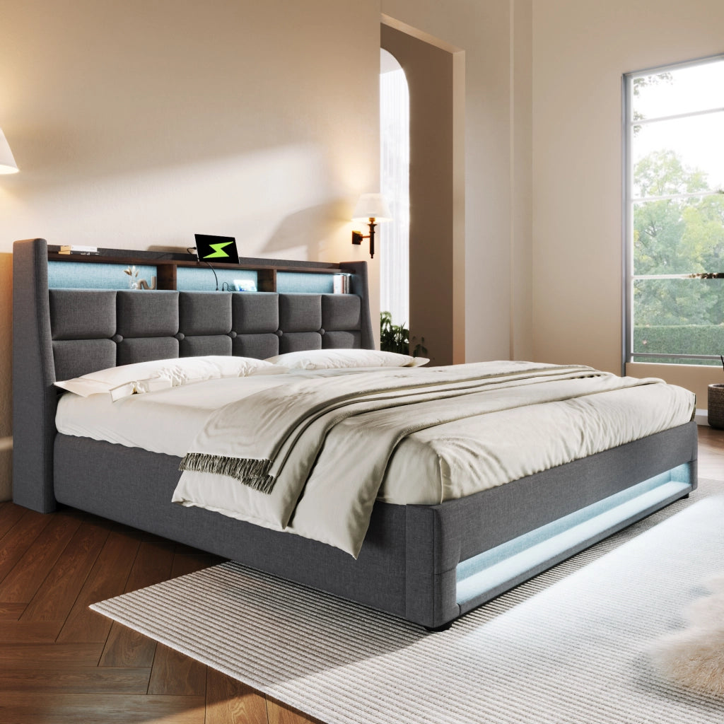 Letto matrimoniale imbottito 180x200 cm con LED; USB; rete a doghe su telaio in metallo; rivestimento in lino grigio