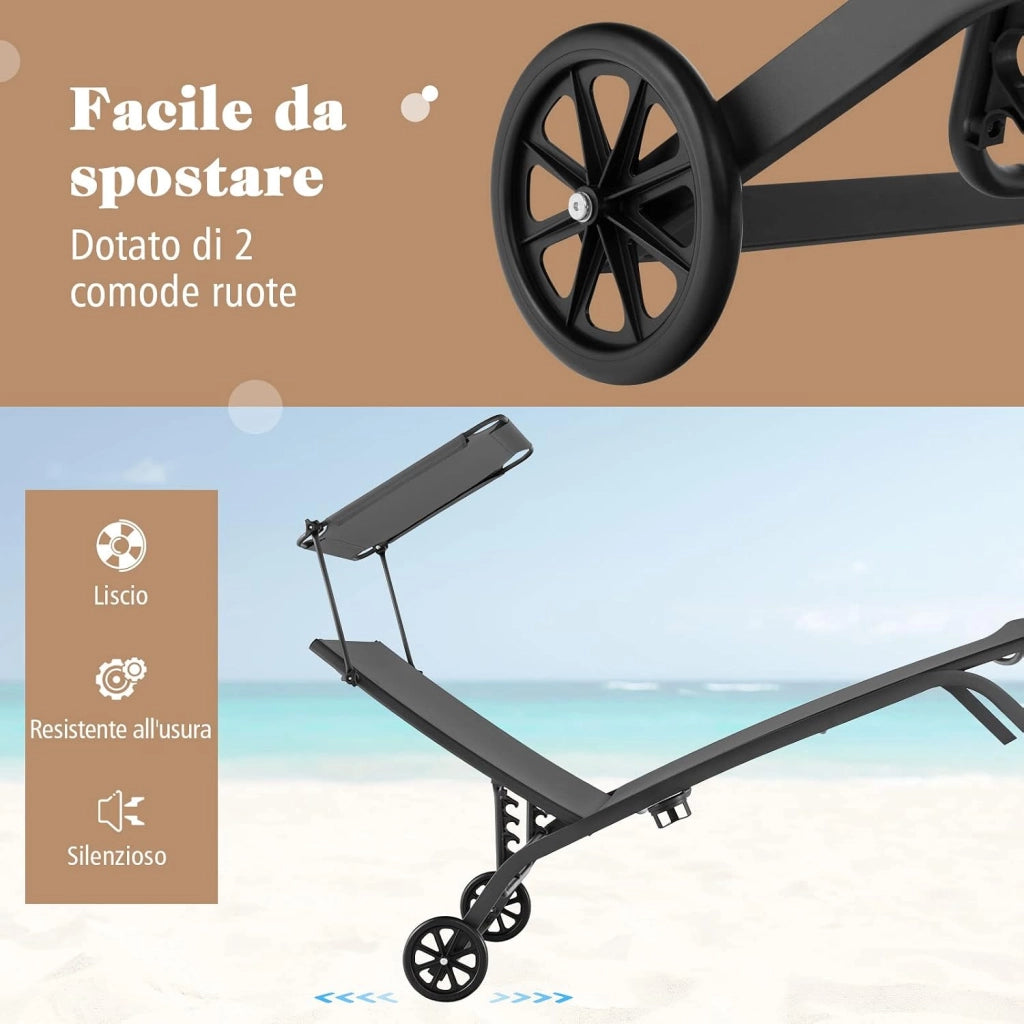 Lettino Prendisole da Giardino, Sdraio Reclinabile con Ruote Tettuccio, con Schienale Regolabile in 6 Livelli, Lettino da Giardino con Portabicchieri a Scomparsa, Portata 150 kg (1, Grigio)