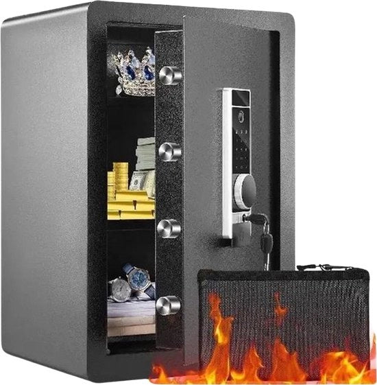 Cassaforte Elettronica - Sicura Antincendio - 50 Litri di Capacità - Rilevamento Vigna - Con Tas Antincendio - Illuminazione Led - Raccordo Chiave - 6 Chiavi - Sistema di Allarme Doppio - Per Valori, Gioielli, Documenti
