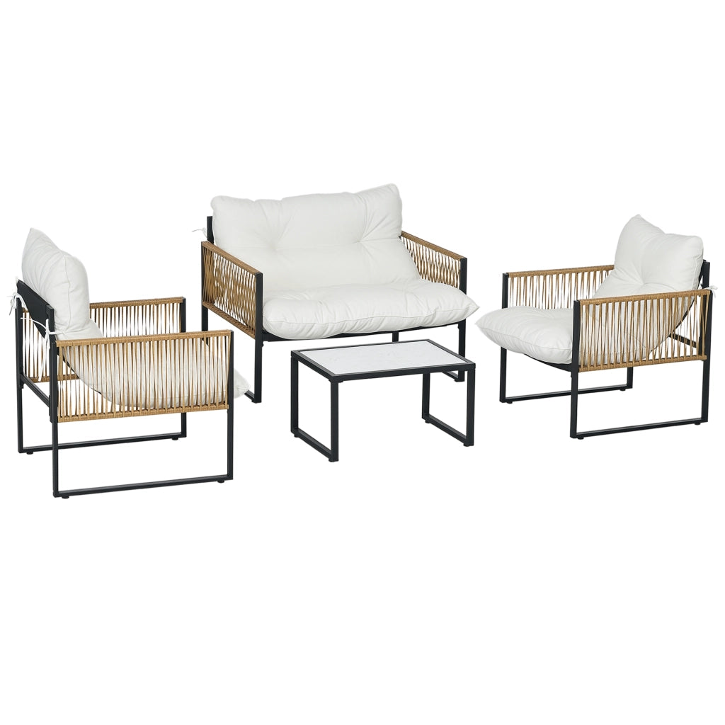 Set Giardino Esterno con 2 Poltrone, Divano 2 Posti, Tavolino e Cuscini ¨C Minimal ¨C Polyrattan, Crema