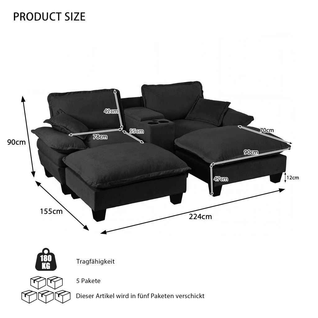 Divano modulare con portabicchieri, vano contenitore e USB, 2 pouf e 2 cuscini in ciniglia Nero
