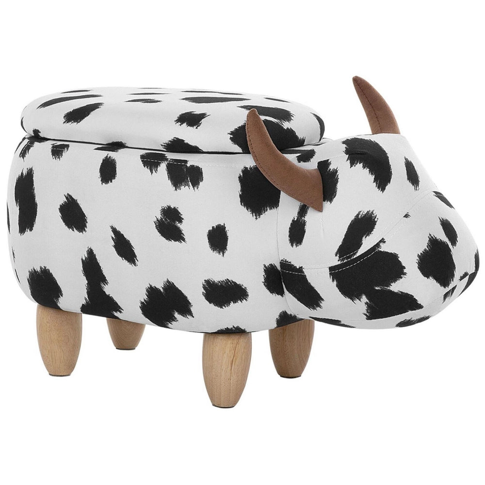 Sgabello per bambini Animale Mucca con contenitore Poggiapiedi per bambini in finta pelle nera e bianca con gambe in legno