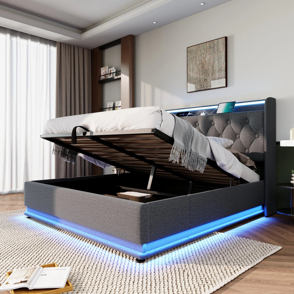 LETTO Imbottito 140x190 cm Grigio in lino con LED, USB e Type-C