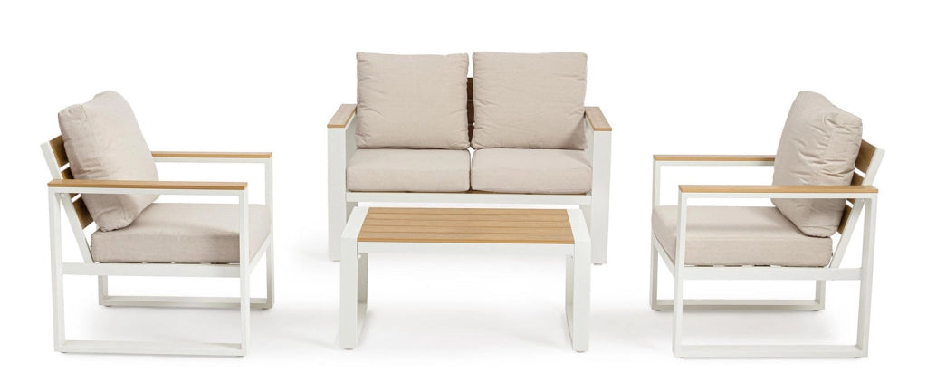 Set 4 Pezzi Salotto da Giardino con Divano 2 Poltrone e Tavolino in Alluminio e Polywood Leandro Bianco e Beige