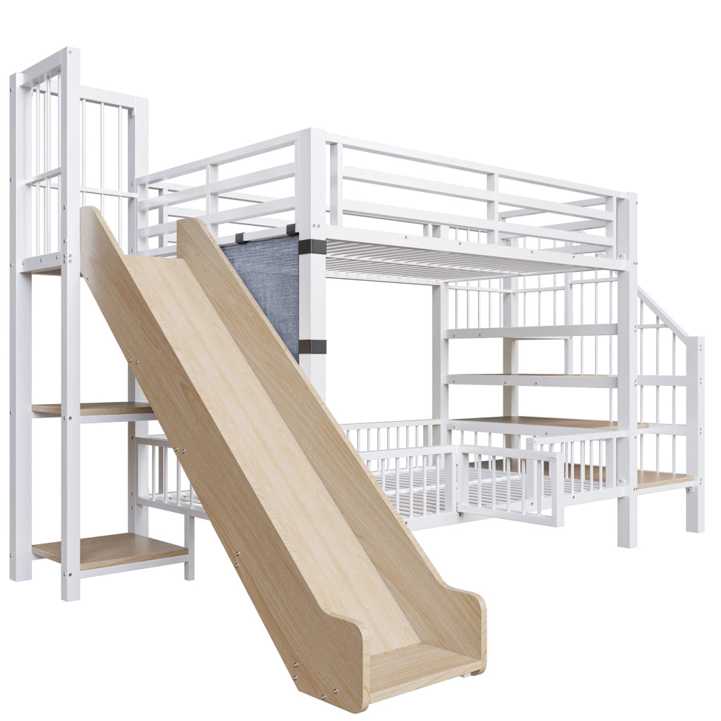 Letto a soppalco in metallo 90*200CM bianco; scivolo; riporzione; scaffali; letto per bambini sicuro e che fa risparmiare spazio