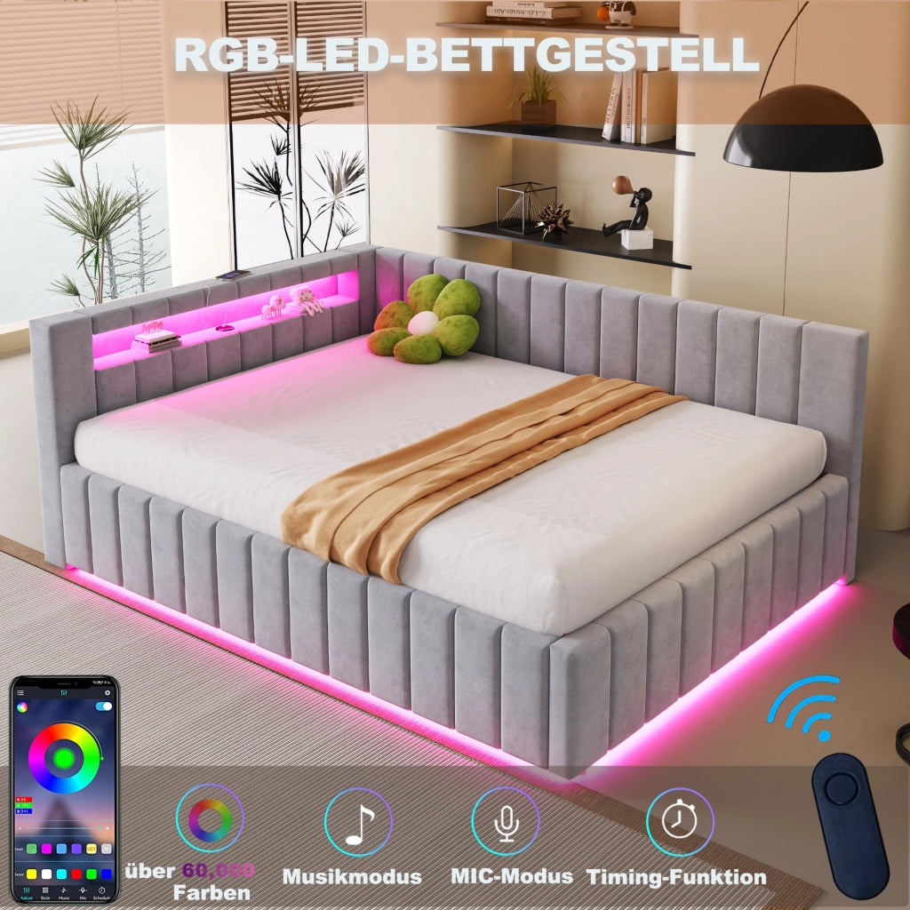 LETTO imbottito 140x200 cm Grigio in velluto con contenitore, LED e USB