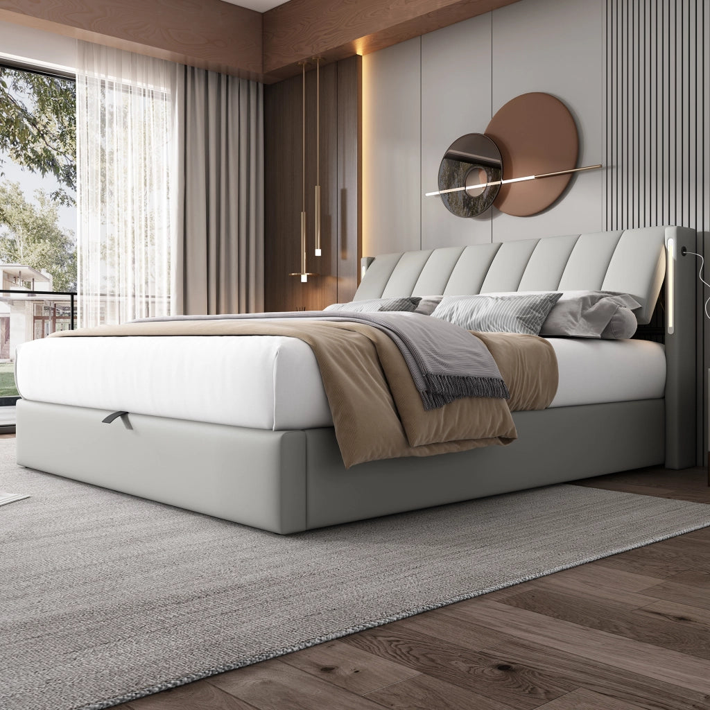 LETTO Imbottito 180x200 cm PU Grigio con LED USB e contenitore