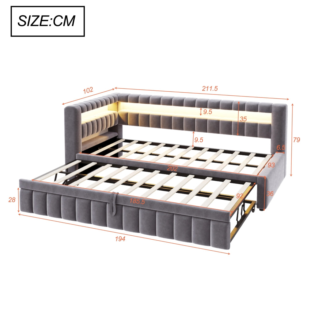 Letto imbottito 90x200 cm con letto estraibile, LED, porte USB e ripiani, grigio