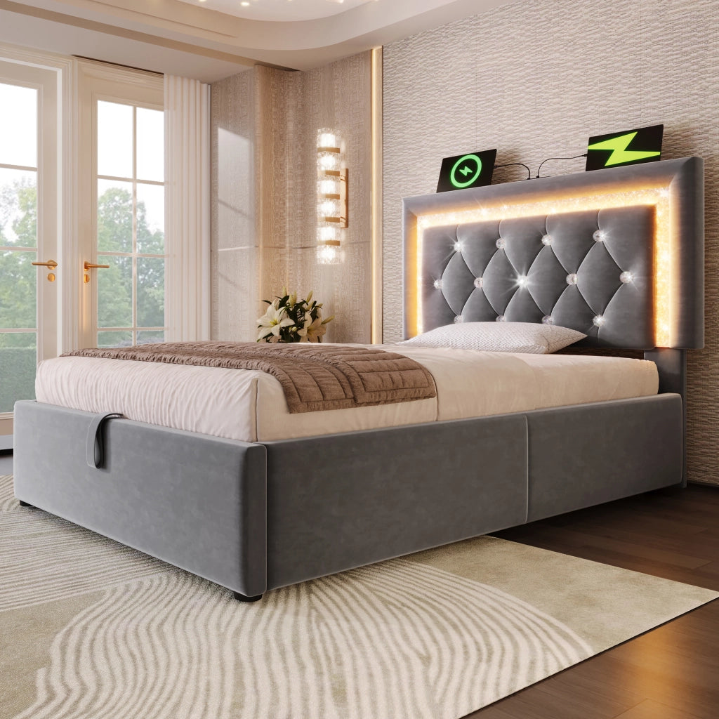 LETTO singolo 90x200 cm in velluto grigio con LED, USB e contenitore