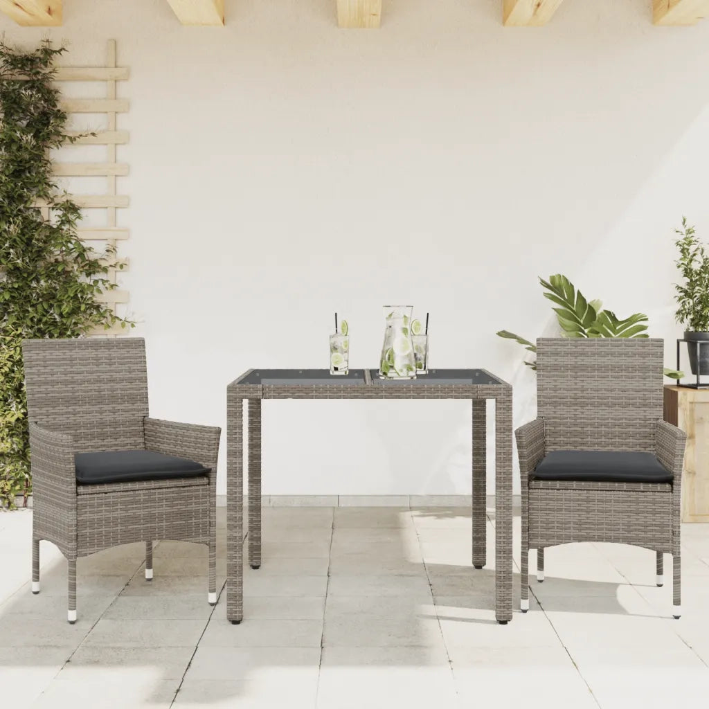 Set da Pranzo da Giardino 3pz con Cuscini in Polyrattan e Vetro 3278555