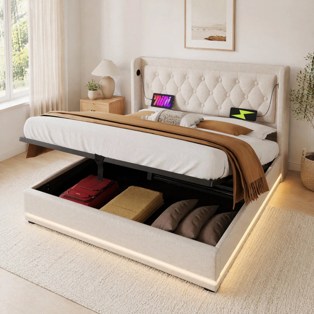 LETTO Contenitore 140x200 cm Cotone Beige con USB Type-C e LED