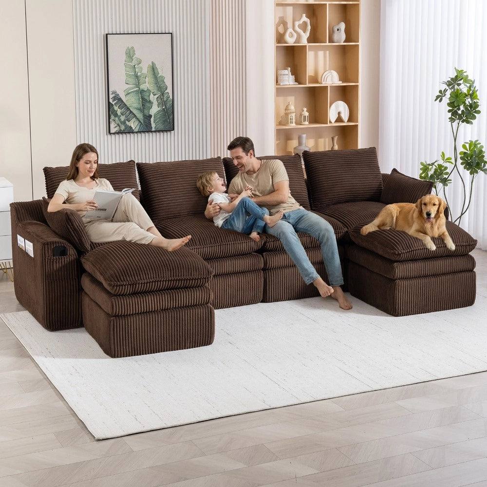 Divano modulare a 4 posti con pouf - Zephmum - Marrone, cuscini inclusi, 3 strati schiuma