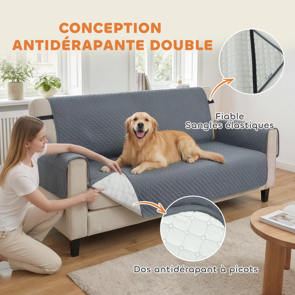 Copridivano 3 Posti Impermeabile Antiscivolo con Tasche ¨C Minimal ¨C Grigio