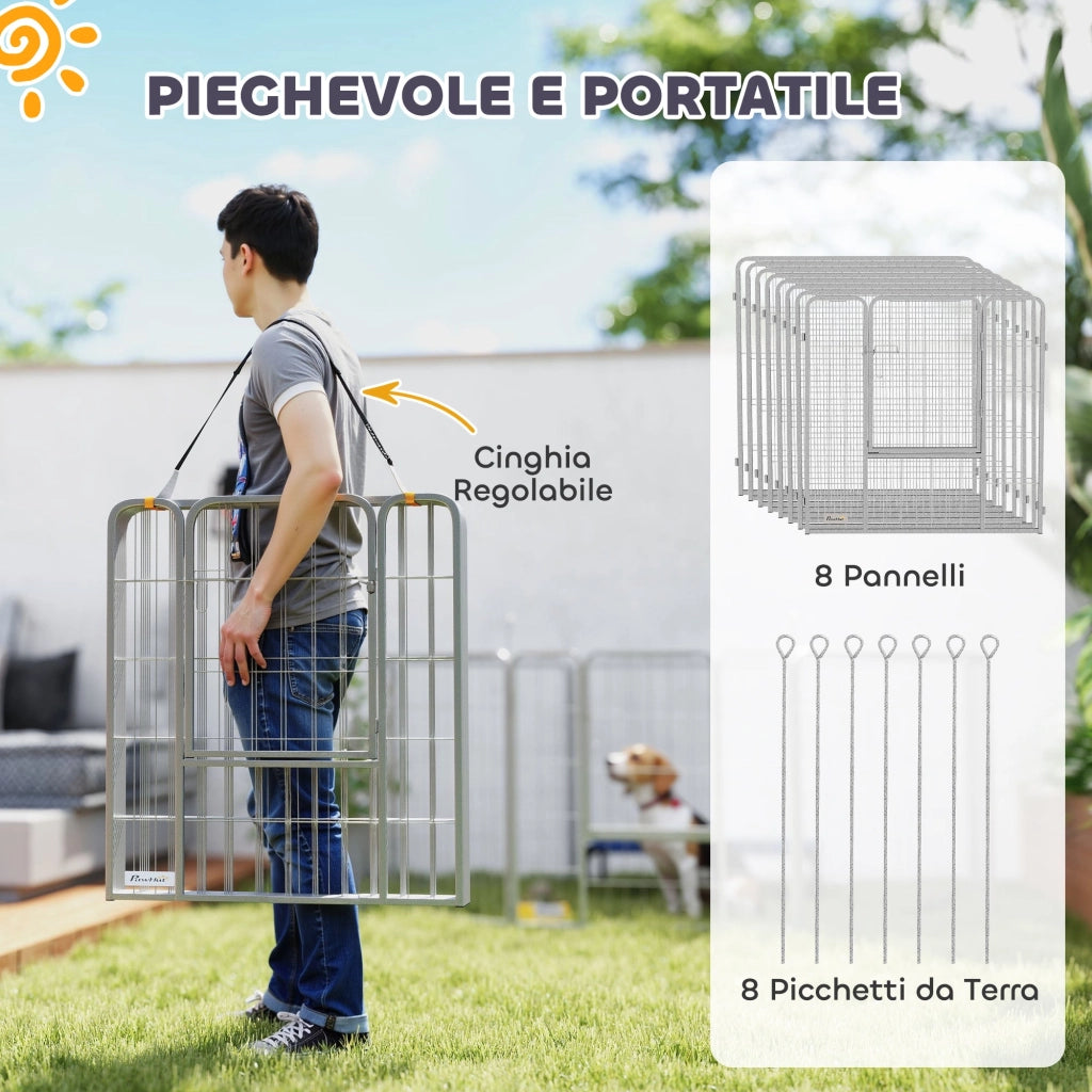 Recinto per Cani a 8 Pannelli Modulabili Pieghevole 80x1,5x80A cm con Porta di Ingresso in Acciaio Argento