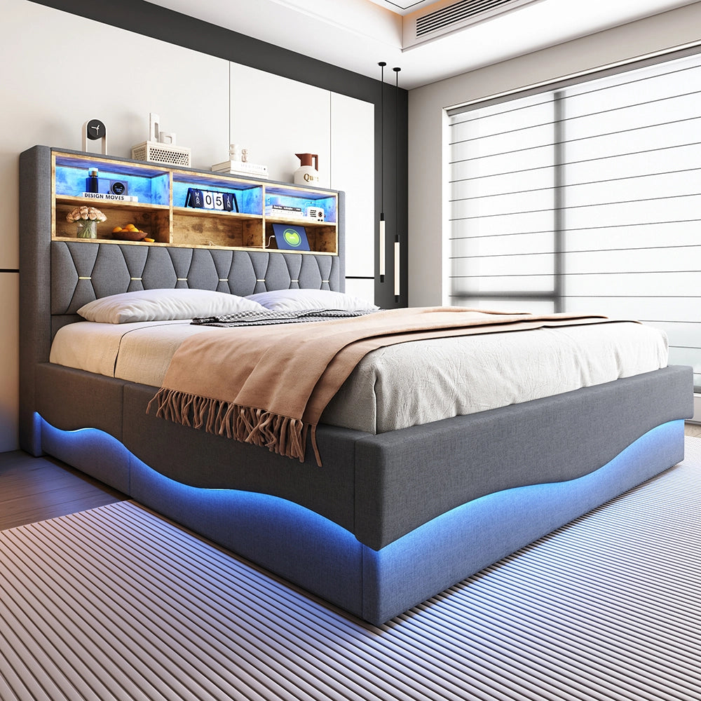 Letto-Xylo-180x200 cm-LED app, USB, metallo, lino grigio