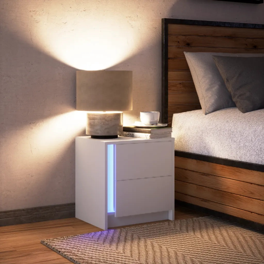 Comodino | Armadio da Notte | Mobiletto da notte con Luci LED Bianco in Legno Multistrato