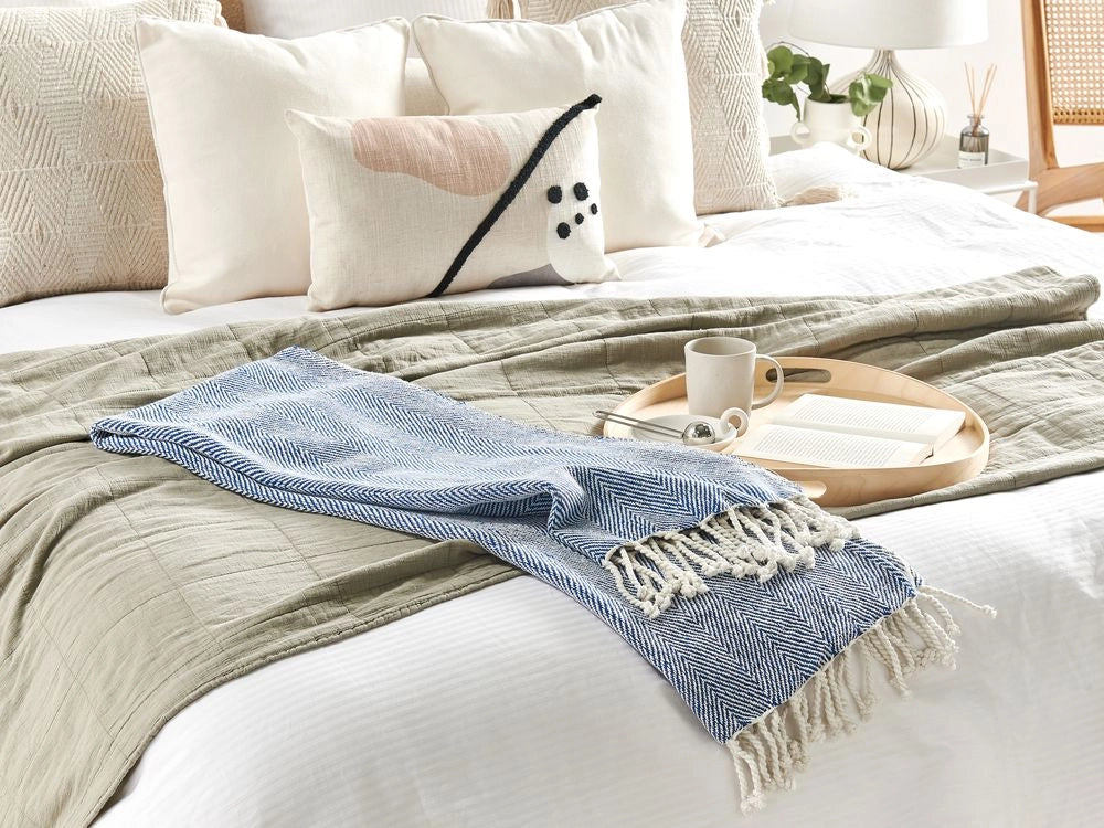 Coperta Blu Cotone 130 x 160 cm Copriletto boho stile costiero