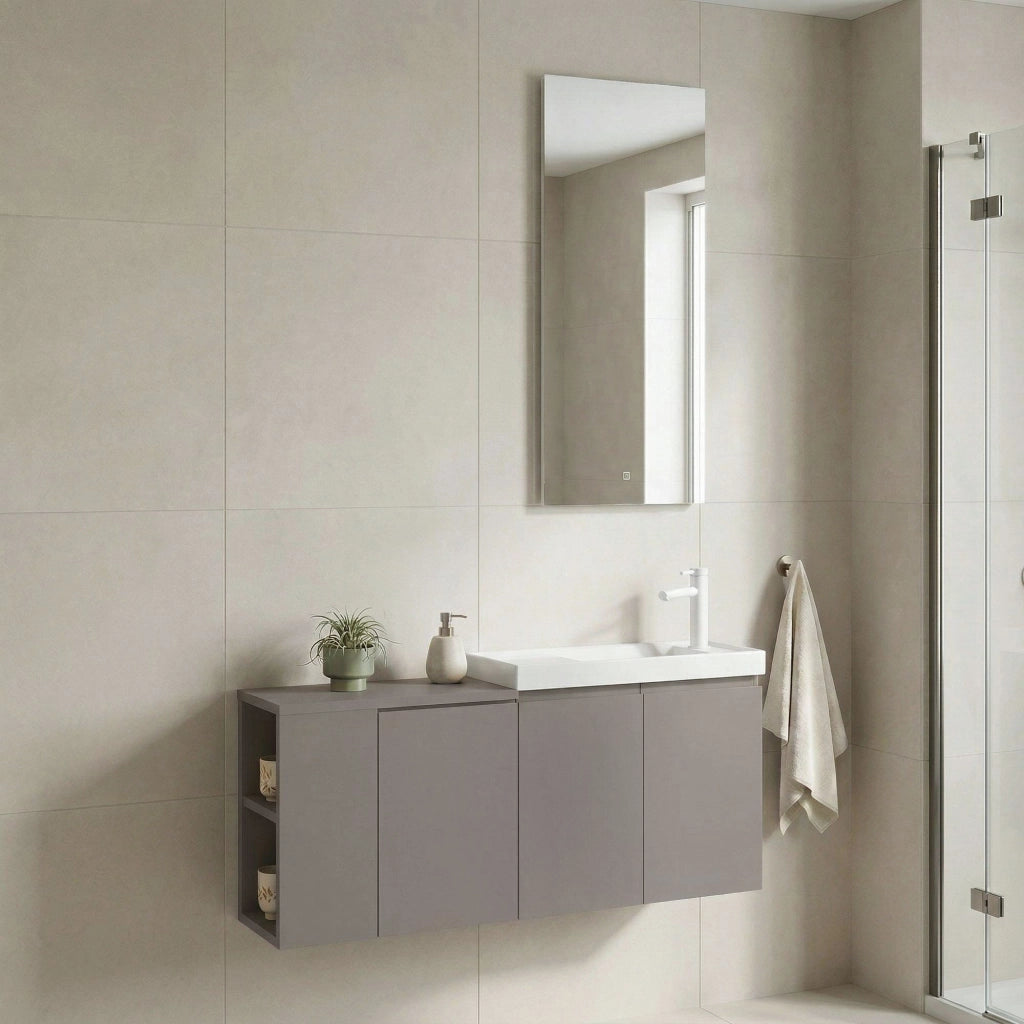 Set mobile lavabo con specchio (2 pezzi) "Ferla 110" - 110 x 22 x 45 cm - Mink opaco