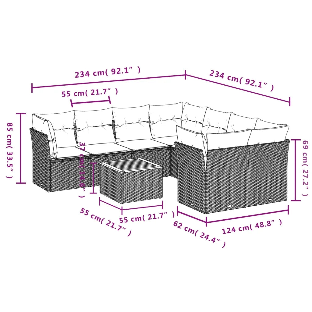 Set Divani da Giardino 9 pz con Cuscini Nero in Polyrattan 3223528
