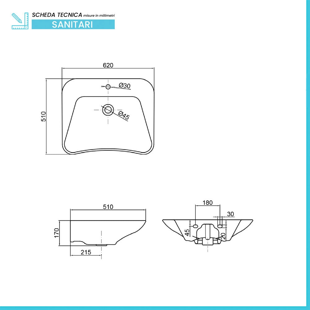 Lavabo ergonomico in ceramica bianco 62 cm monoforo sospeso o da appoggio Evolution Sanitosco