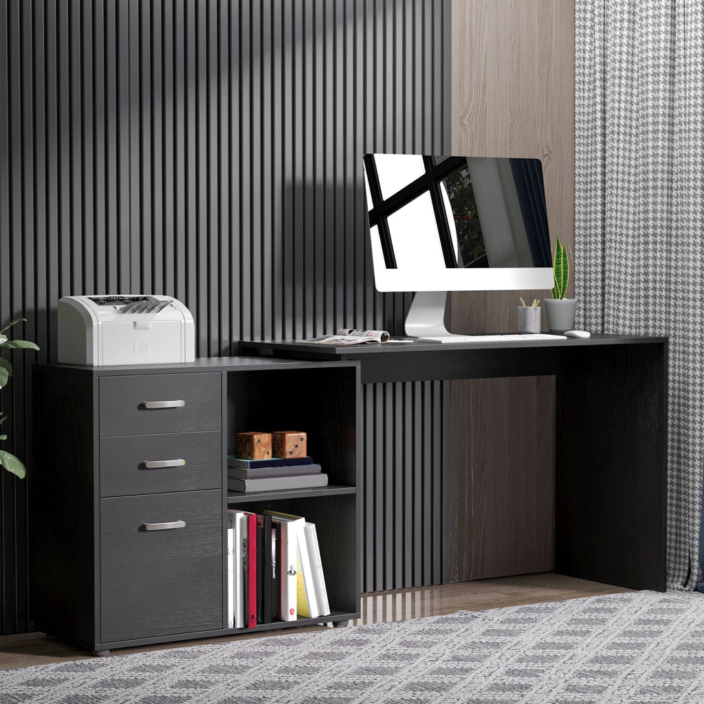 Scrivania Angolare per PC con Cassetti e Ripiani ¨C Minimal ¨C Legno e Metallo, 117x83.5x76 cm, Nero