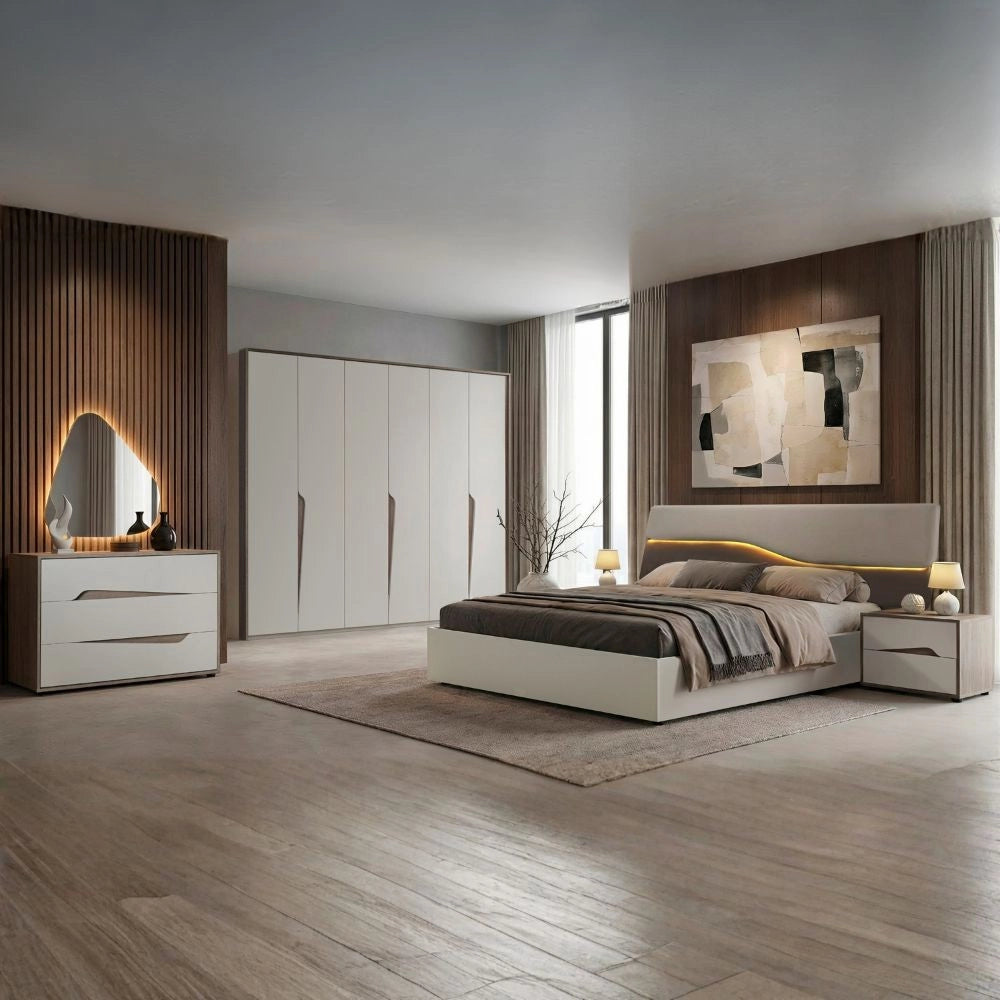 Camera da letto con letto contenitore Soleil colore cashmere e olmo biscotto