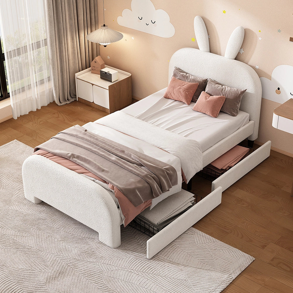Letto per bambini con cassetto - Xylo - 90x200 cm - Bianco - Lana di pecora resistente forma coniglio cartoon