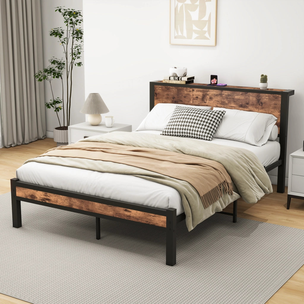 letto singolo in mdf e metallo marrone antico 140 x 200 cm
