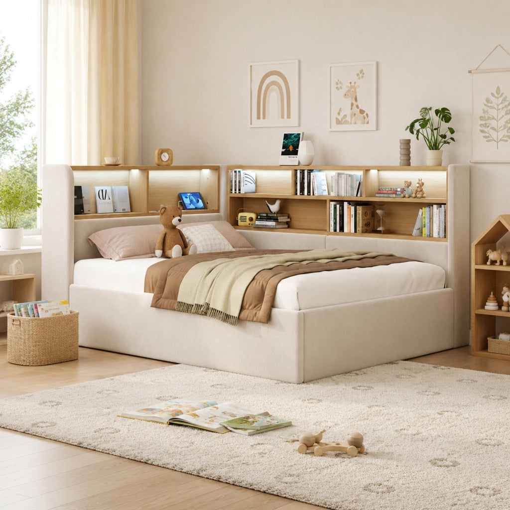 LETTO 90x200 cm con contenitore idraulico in velluto beige, LED, USB e USB-C