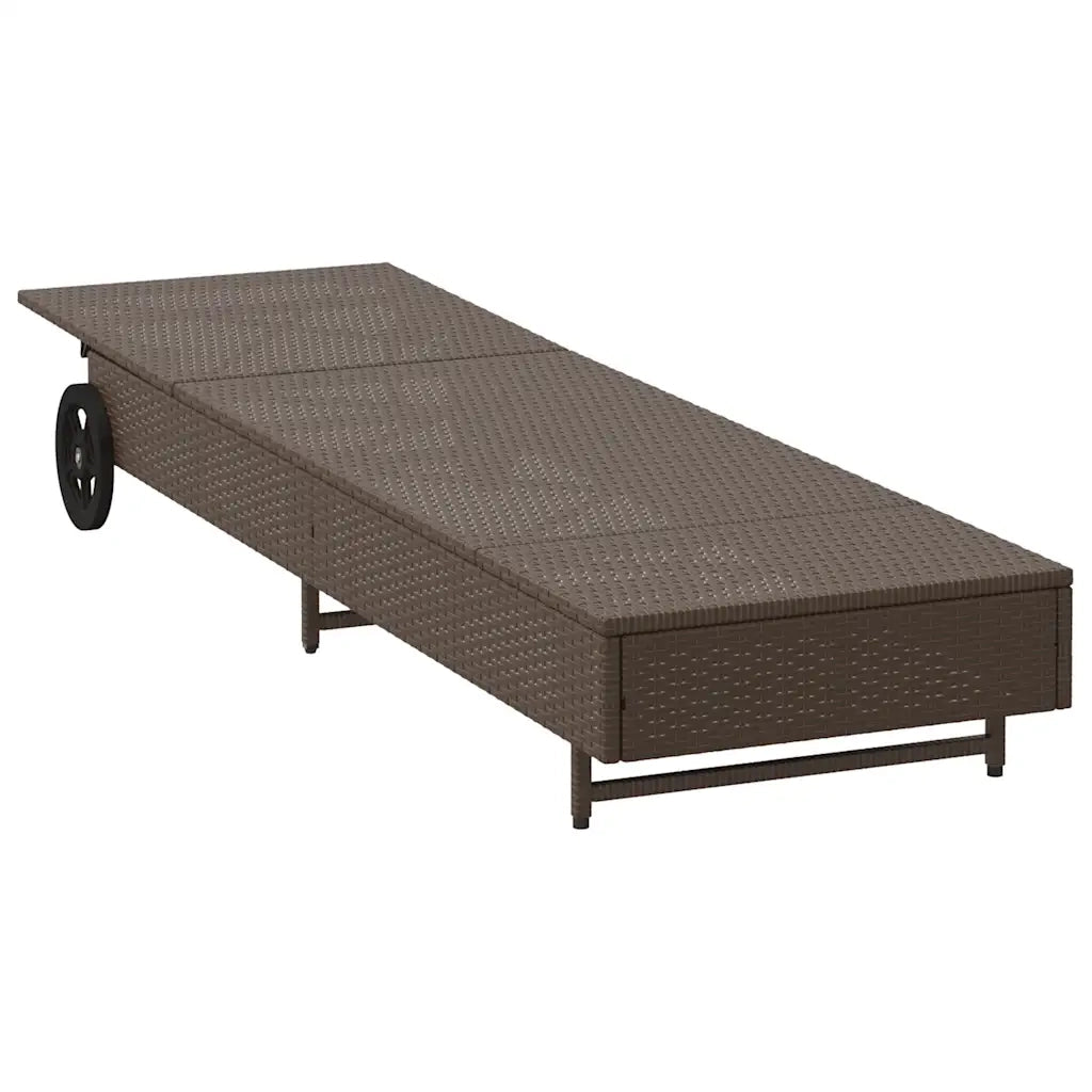 Lettino Prendisole con Ruote e Cuscino in Polyrattan Marrone 4104034
