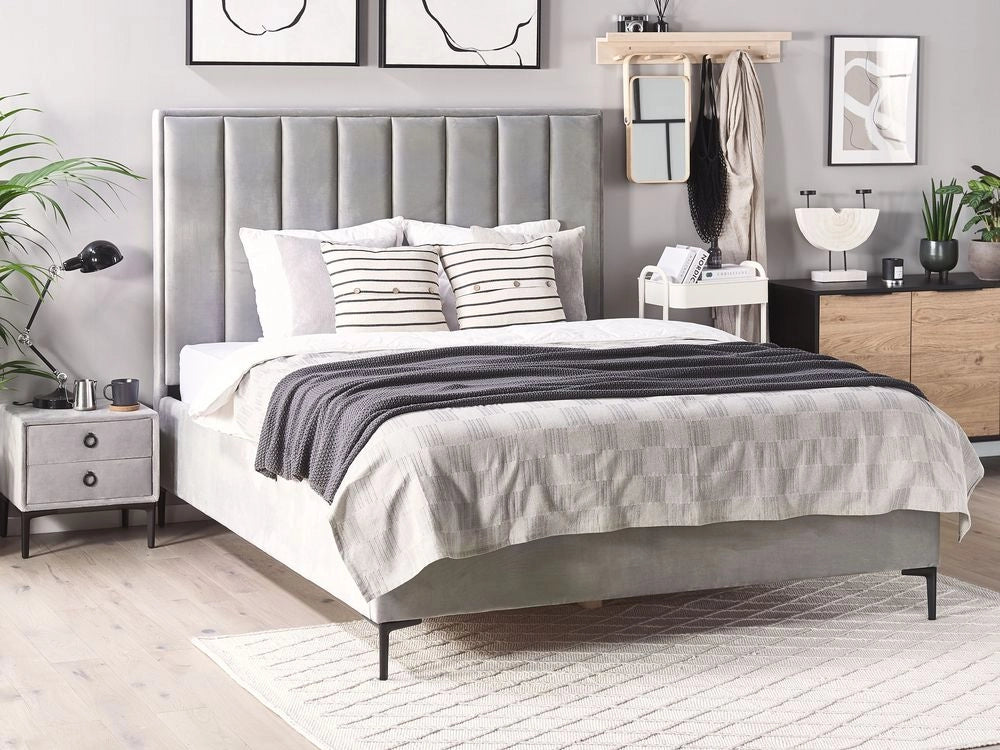Set camera da letto in velluto grigio King Size letto con contenitore 2 comodini imbottiti