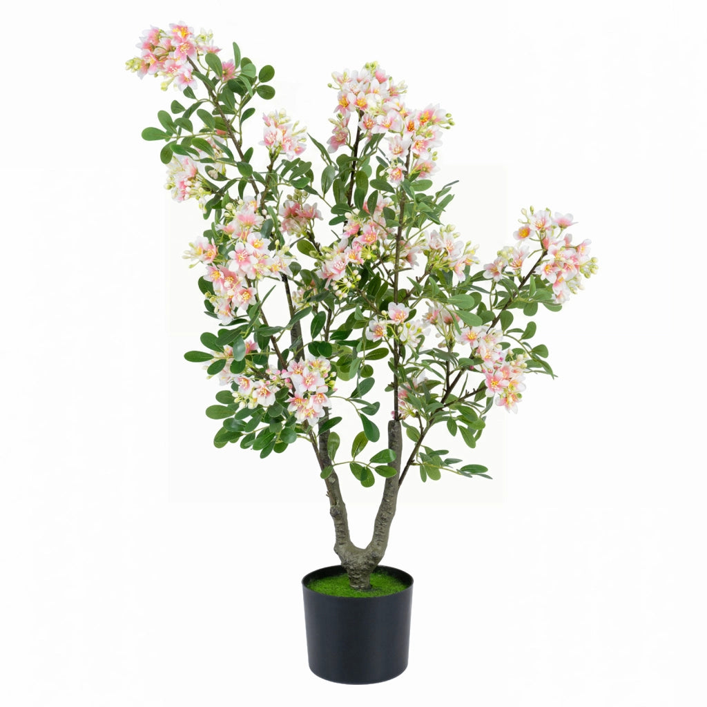 Albero artificiale fiori impatiens seta 90 cm multiramo vaso cemento, Pianta finta interno esterno ufficio casa negozio 1 Pezzo